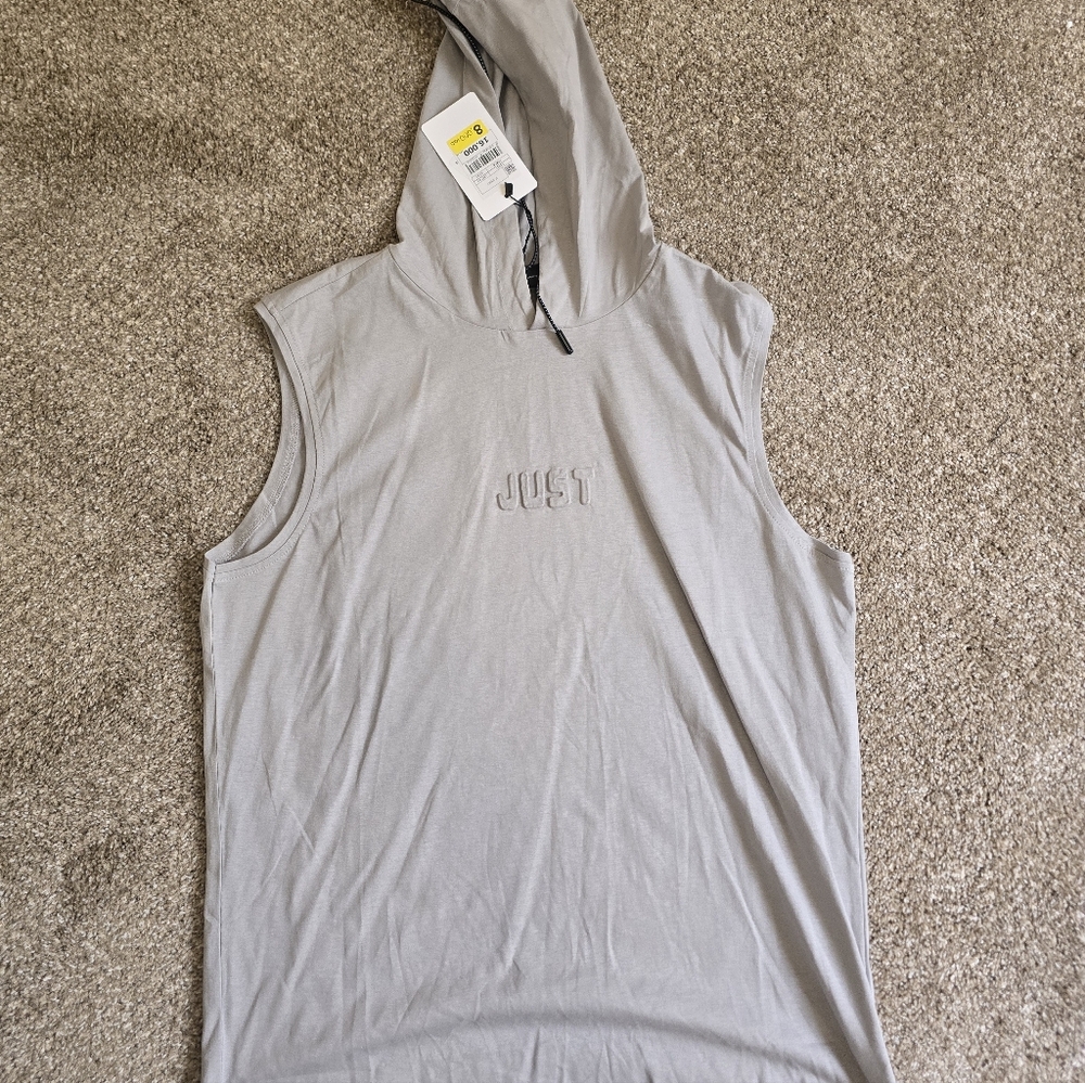 Just Embroidered Sleeveless Hooded Tank - Light Gray